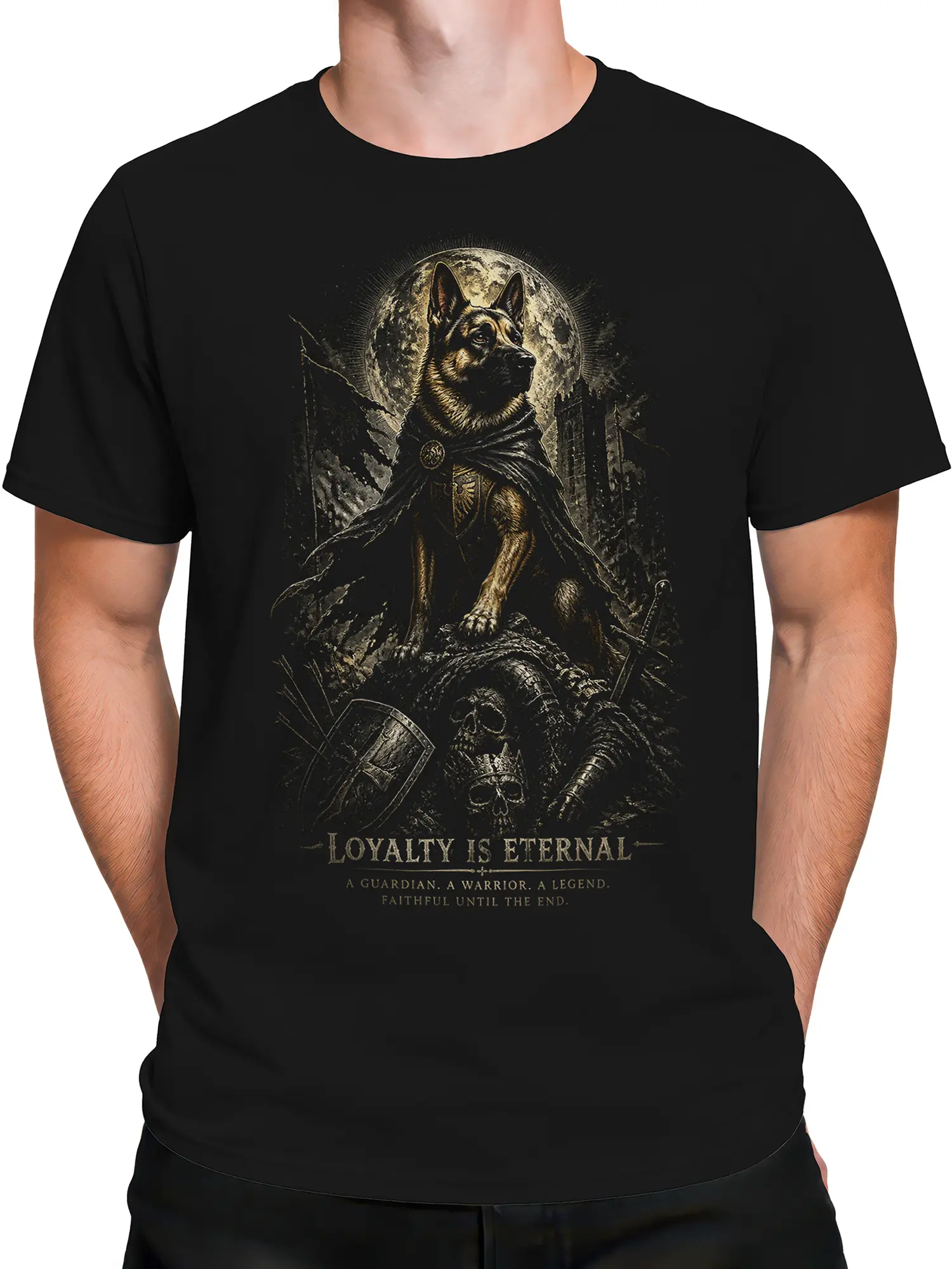 Man wearing black German shepherd warrior tee with full moon, castle ruins, and “Loyalty Is Eternal” fantasy dog artwork