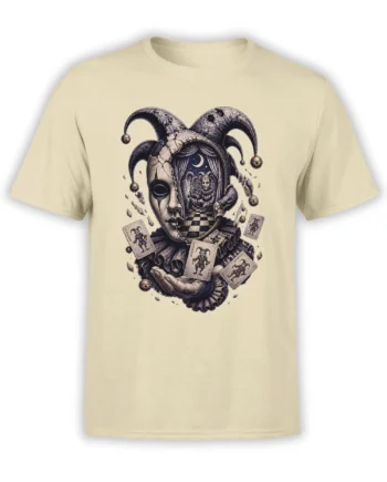 Beige unisex T-shirt with surreal cracked jester mask, flying joker cards and a moonlit stage illustration in dark fantasy style