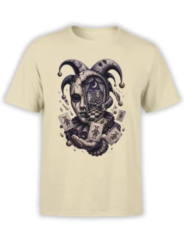 Beige unisex T-shirt with surreal cracked jester mask, flying joker cards and a moonlit stage illustration in dark fantasy style