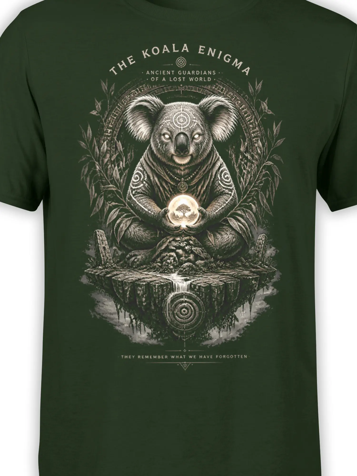 close-up of mystic koala guardian design with glowing orb, floating island, and intricate sacred geometry line art