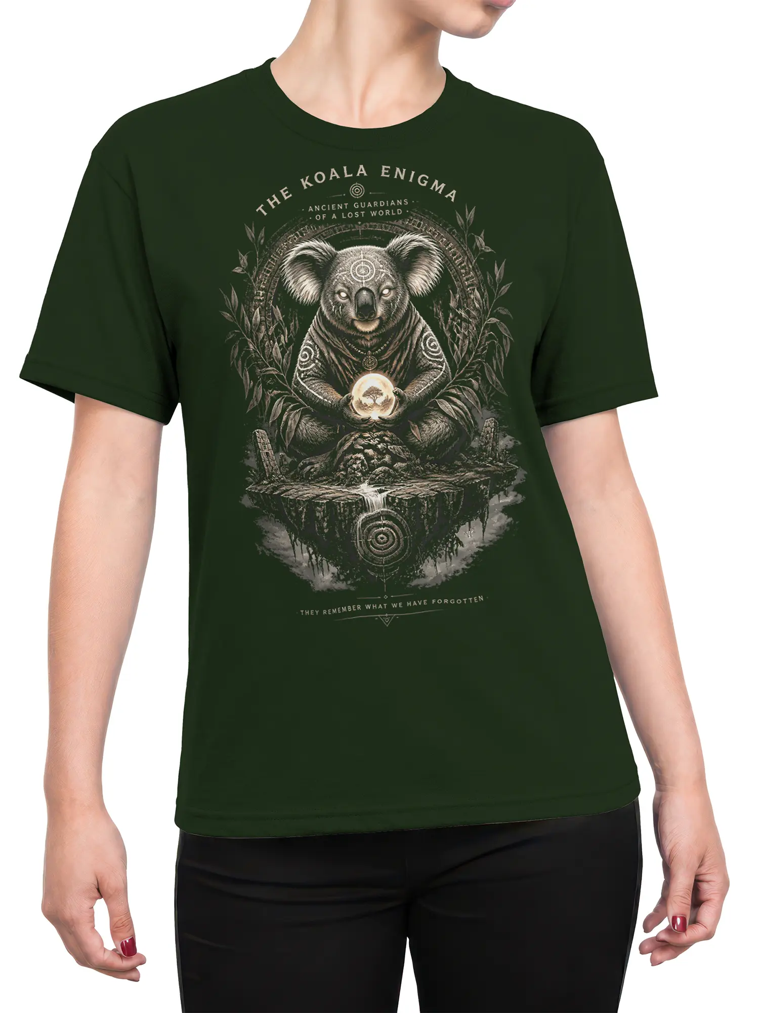 female model wearing green tee with mystic koala guardian and glowing orb fantasy artwork centered on chest