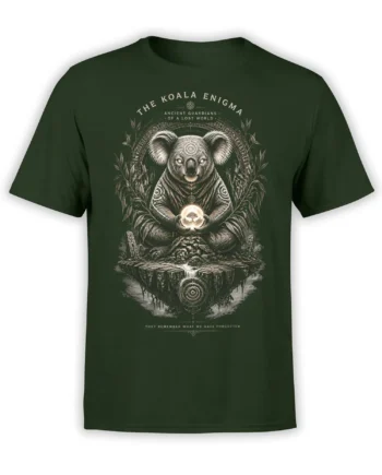 green unisex t-shirt with detailed mystic koala guardian holding a glowing orb on a floating island with sacred circular patterns