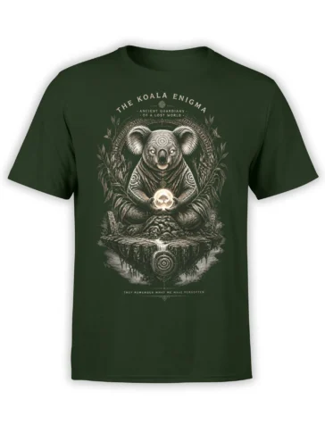 green unisex t-shirt with detailed mystic koala guardian holding a glowing orb on a floating island with sacred circular patterns