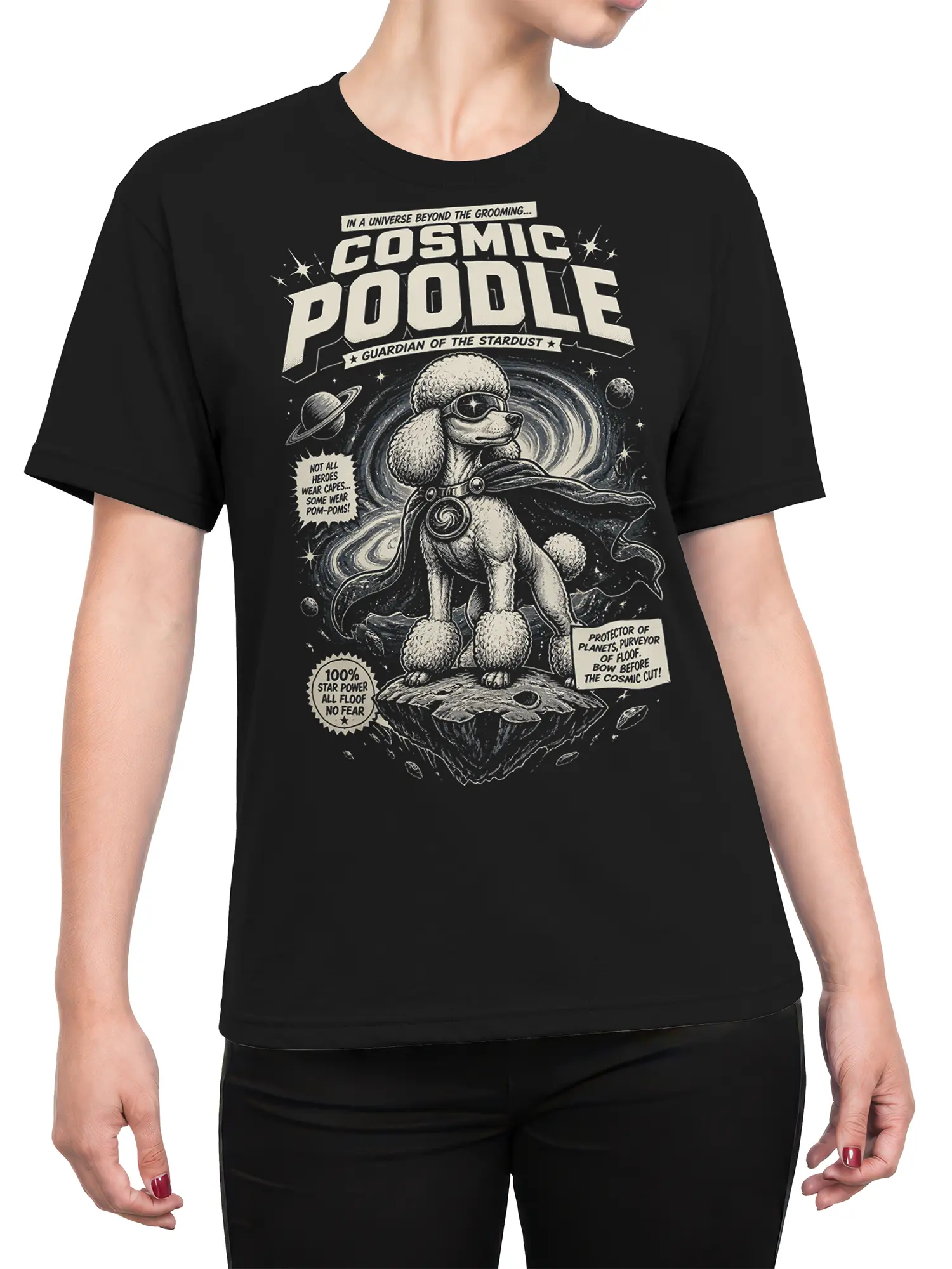 female model wearing black cosmic poodle space dog t-shirt with retro comic artwork centered on the chest