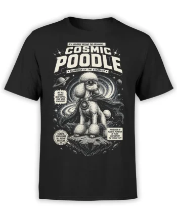 black unisex t-shirt with vintage comic-style cosmic poodle superhero design surrounded by stars, planets, and bold space lettering