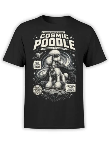 black unisex t-shirt with vintage comic-style cosmic poodle superhero design surrounded by stars, planets, and bold space lettering