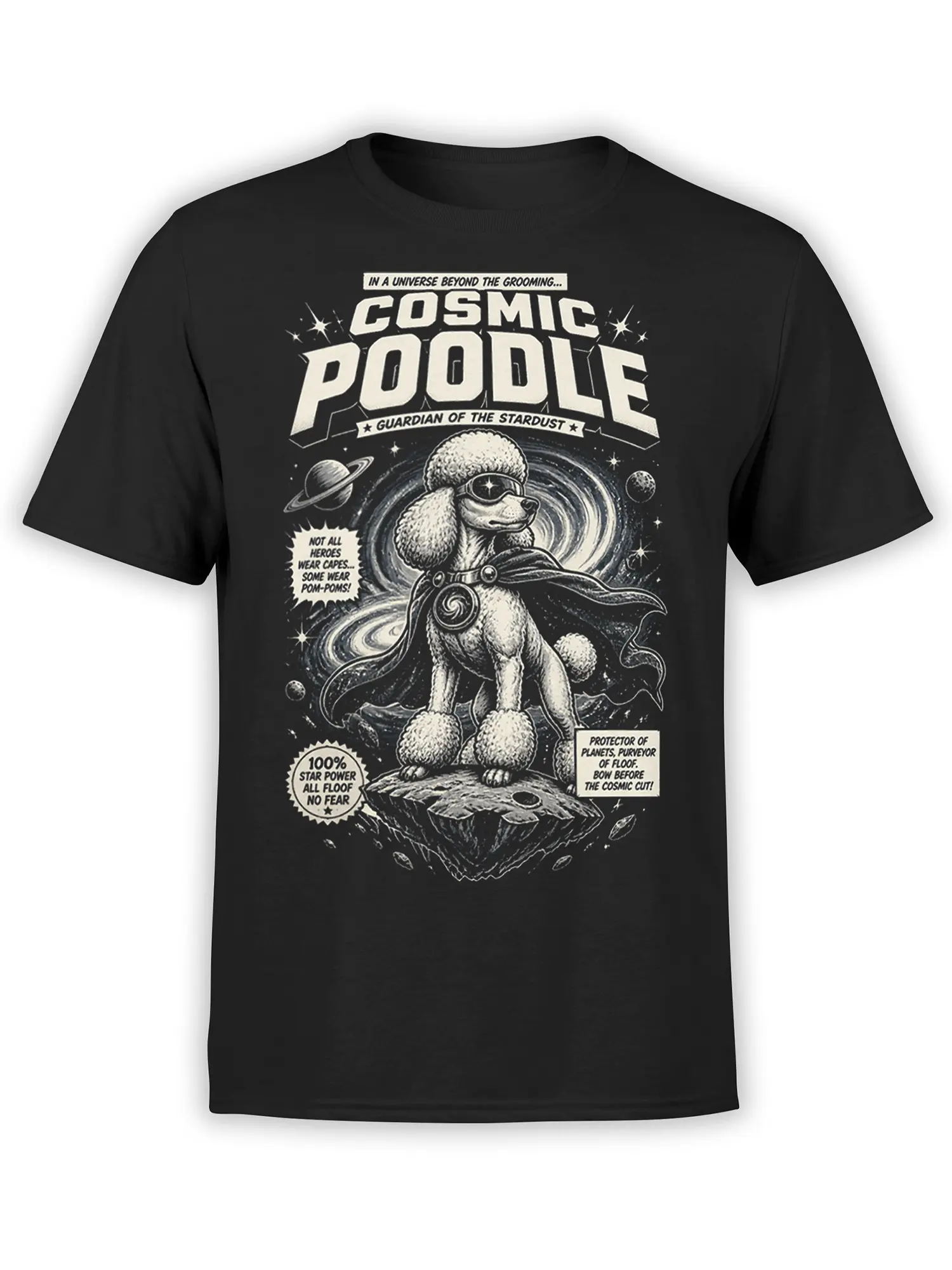 black unisex t-shirt with vintage comic-style cosmic poodle superhero design surrounded by stars, planets, and bold space lettering