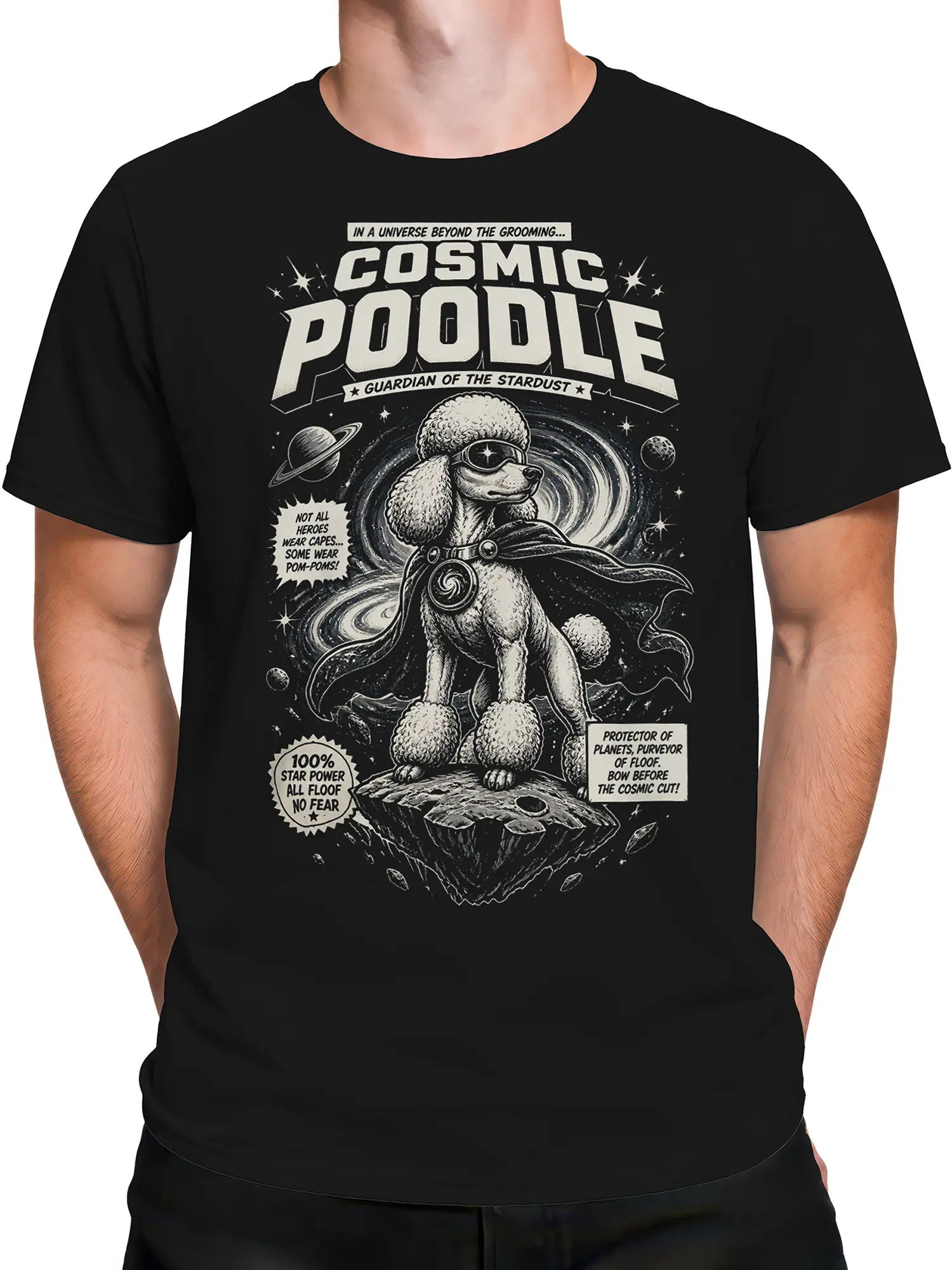 male model wearing black t-shirt with cosmic poodle superhero standing on a space rock in a galaxy scene