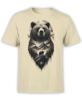 beige unisex t-shirt with a large majestic bear head, mountain forest landscape, and compass design in dark tones
