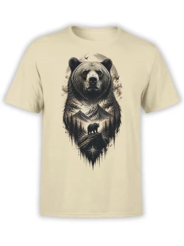 beige unisex t-shirt with a large majestic bear head, mountain forest landscape, and compass design in dark tones