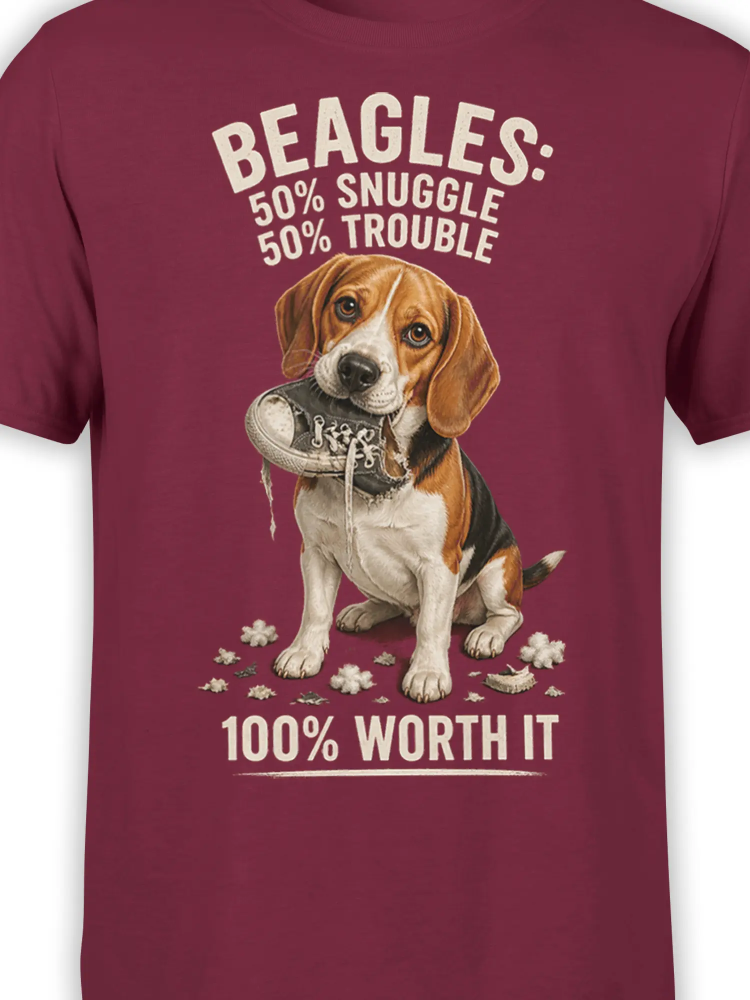 close-up of beagle graphic holding chewed sneaker with 50 percent snuggle 50 percent trouble 100 percent worth it text
