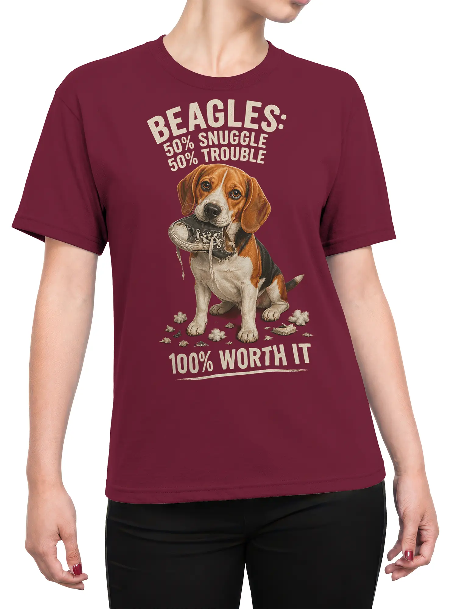 female model wearing red beagle snuggle trouble dog lover t-shirt with chewed sneaker illustration