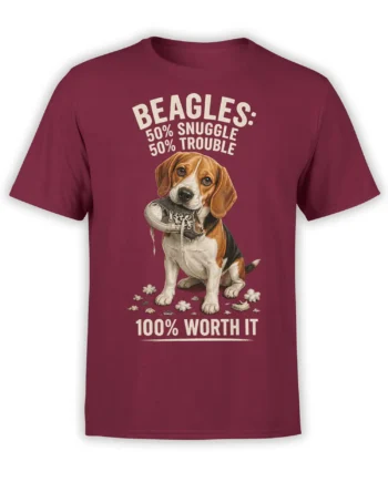 red unisex t-shirt with cute beagle holding a chewed sneaker and funny snuggle trouble quote printed on the chest