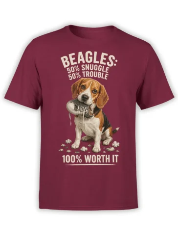 red unisex t-shirt with cute beagle holding a chewed sneaker and funny snuggle trouble quote printed on the chest