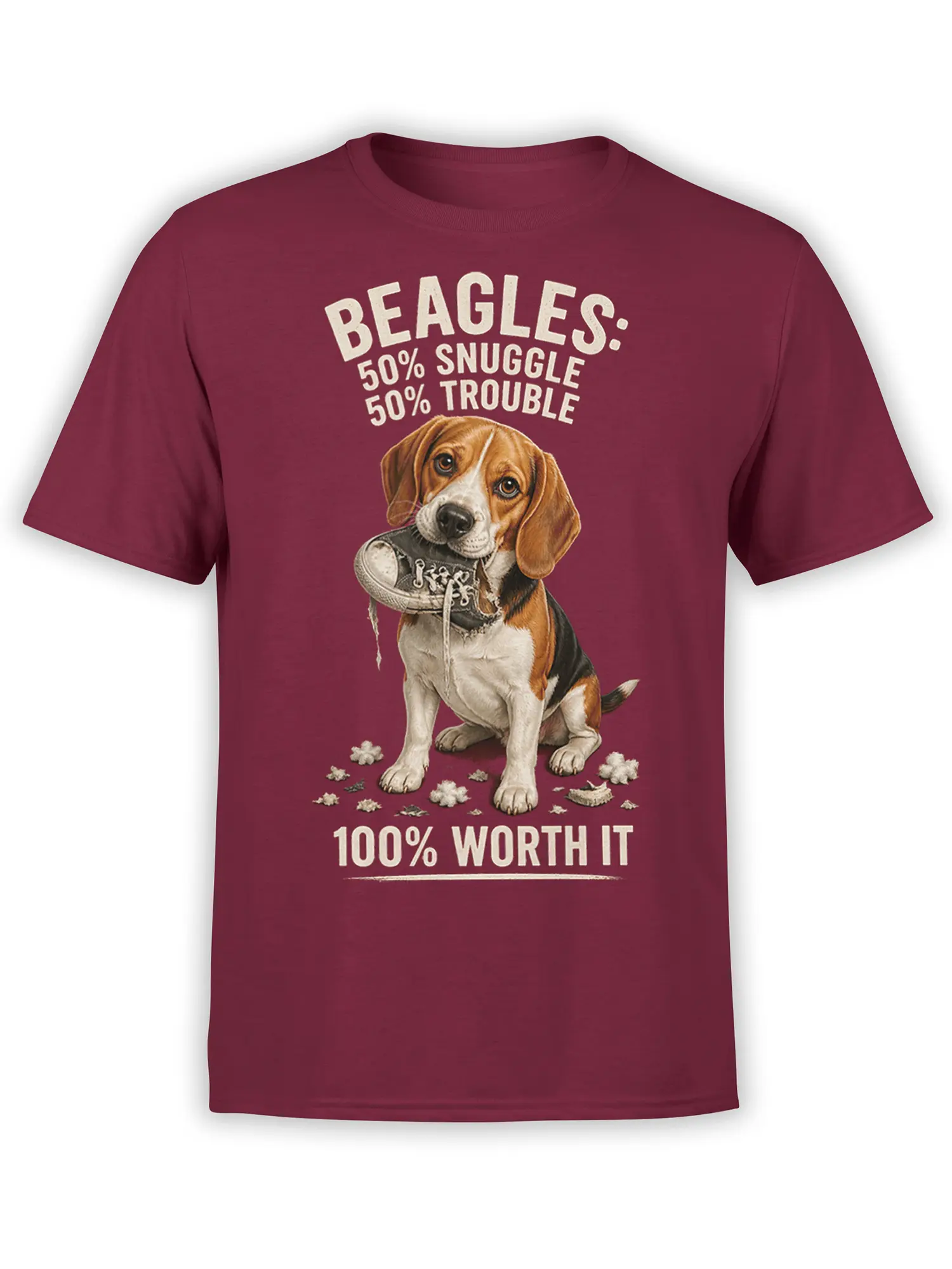 red unisex t-shirt with cute beagle holding a chewed sneaker and funny snuggle trouble quote printed on the chest