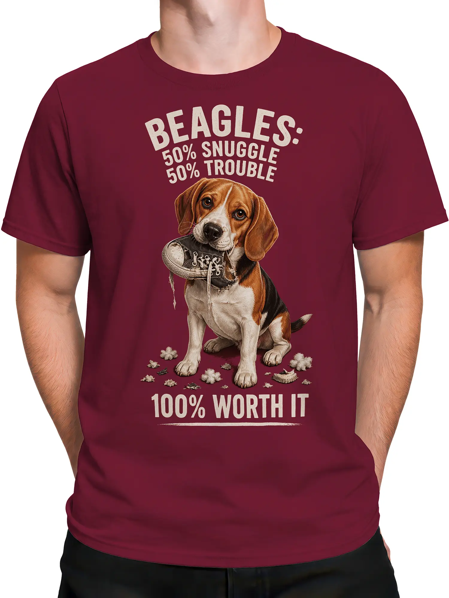 male model wearing red funny beagle dog t-shirt with snuggle trouble quote and chewed sneaker graphic