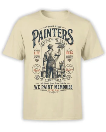beige unisex t-shirt with vintage house painter graphic and inspirational painter quote in navy and rust tones