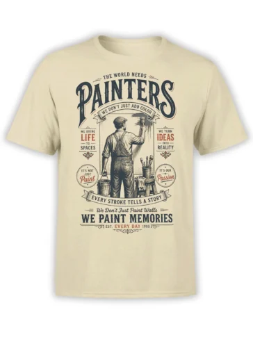 beige unisex t-shirt with vintage house painter graphic and inspirational painter quote in navy and rust tones