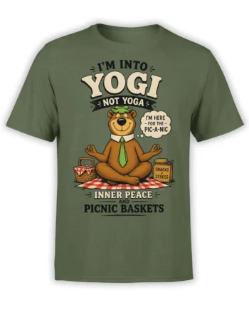 olive green unisex shirt with cartoon bear meditating on a picnic blanket and funny snack and yoga quote