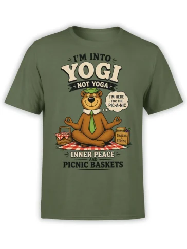 olive green unisex shirt with cartoon bear meditating on a picnic blanket and funny snack and yoga quote