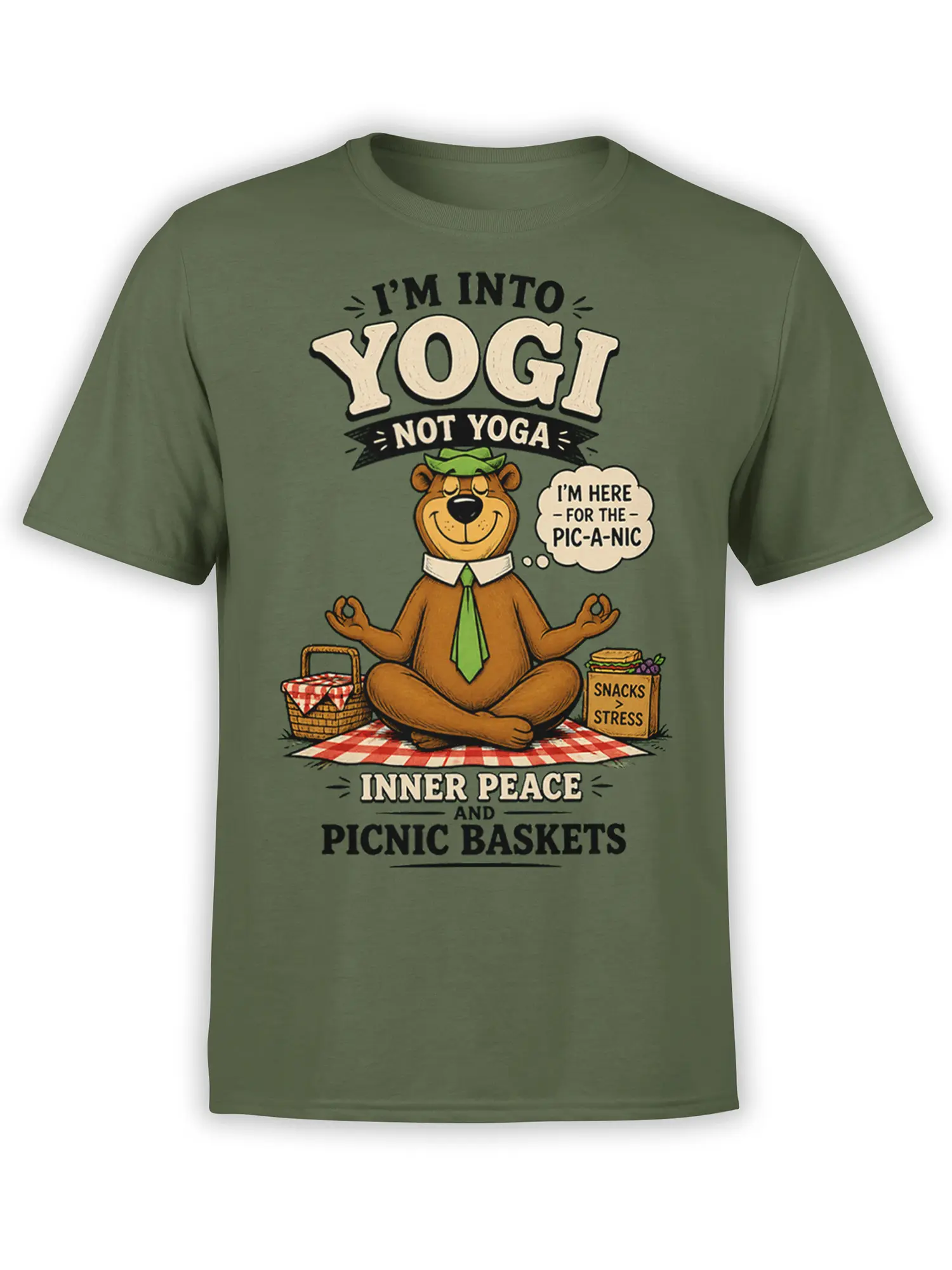 olive green unisex shirt with cartoon bear meditating on a picnic blanket and funny snack and yoga quote
