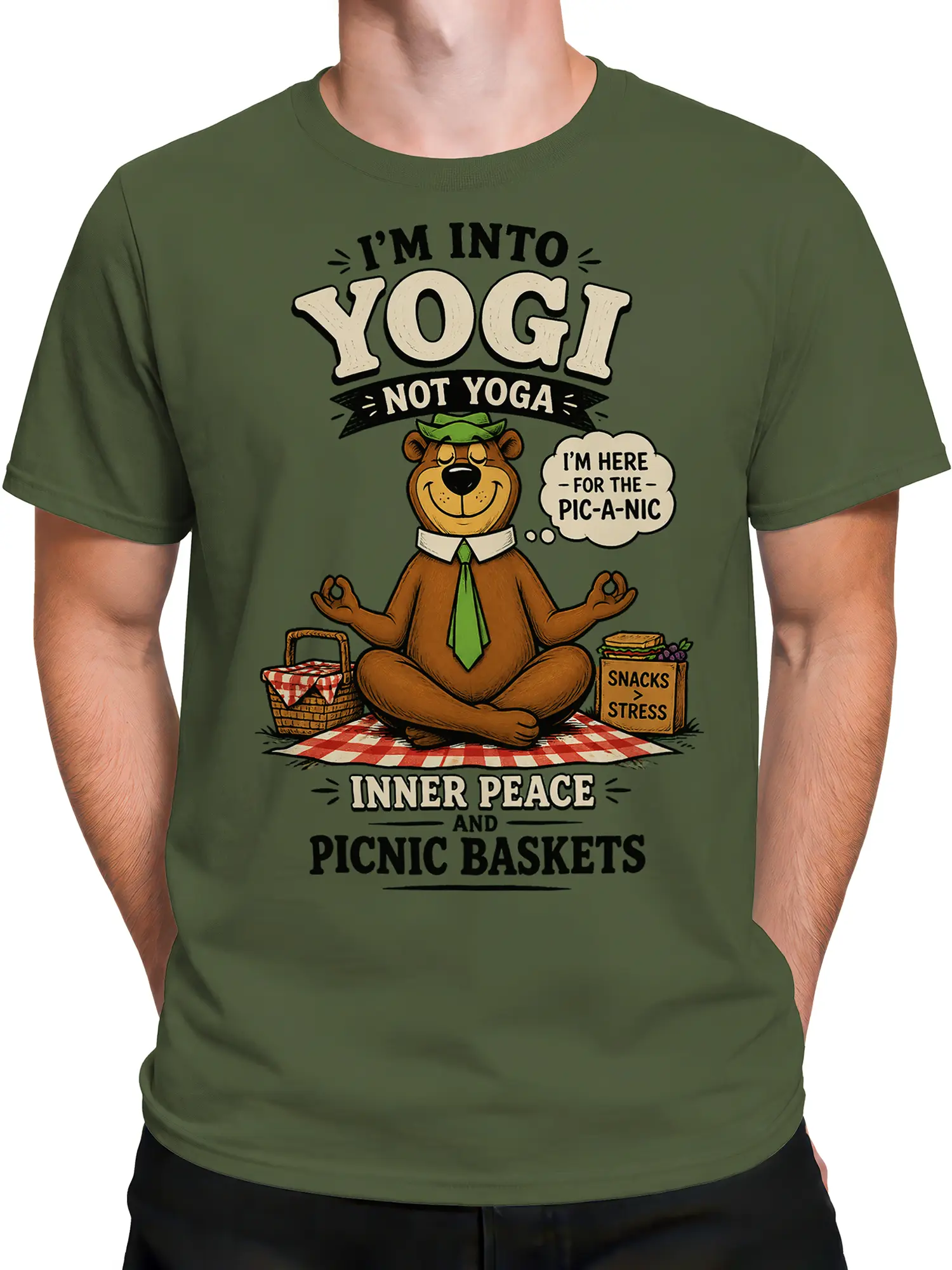 male model in olive green shirt with meditating picnic bear and funny yoga text
