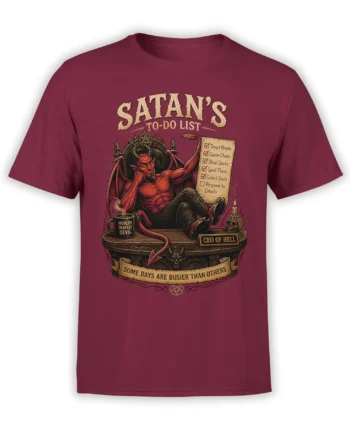 Red unisex t-shirt with detailed artwork of Satan as CEO of Hell holding a sarcastic to-do list with dark office humor text