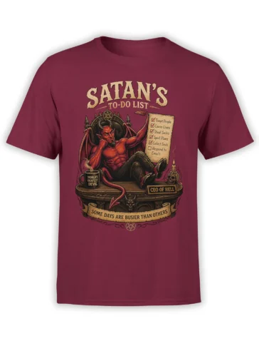 Red unisex t-shirt with detailed artwork of Satan as CEO of Hell holding a sarcastic to-do list with dark office humor text