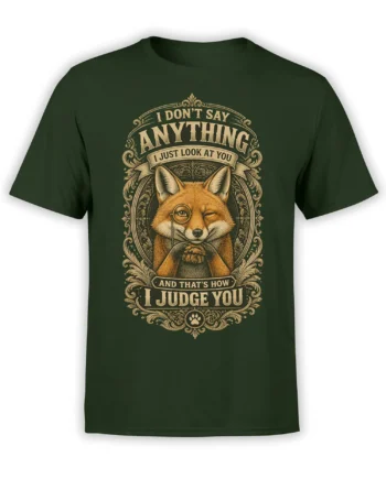 dark green unisex shirt with vintage winking fox in a monocle and the quote “I don’t say anything, I just look at you and that’s how I judge you”