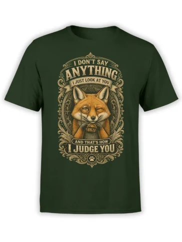 dark green unisex shirt with vintage winking fox in a monocle and the quote “I don’t say anything, I just look at you and that’s how I judge you”