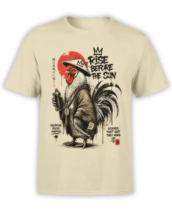 Beige unisex T-shirt with samurai-style rooster and Rise Before The Sun motivational graffiti artwork on the chest