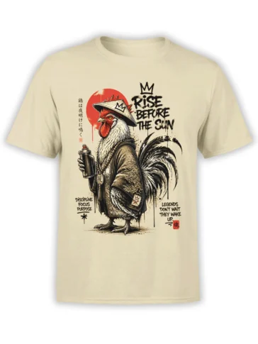 Beige unisex T-shirt with samurai-style rooster and Rise Before The Sun motivational graffiti artwork on the chest