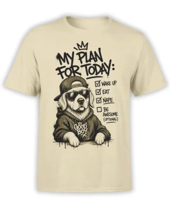 Front view of beige unisex shirt with lazy dog in hoodie and cap plus “my plan for today” checklist in bold sketch style
