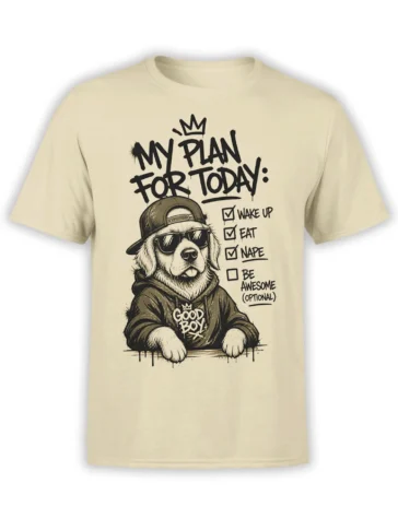 Front view of beige unisex shirt with lazy dog in hoodie and cap plus “my plan for today” checklist in bold sketch style