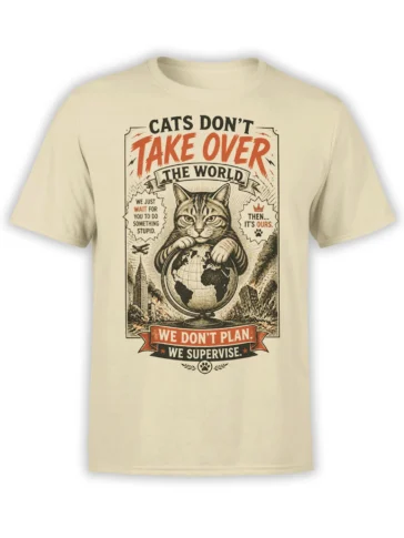 beige unisex t-shirt with vintage poster design of a tabby cat gripping a globe and sarcastic text about cats taking over the world
