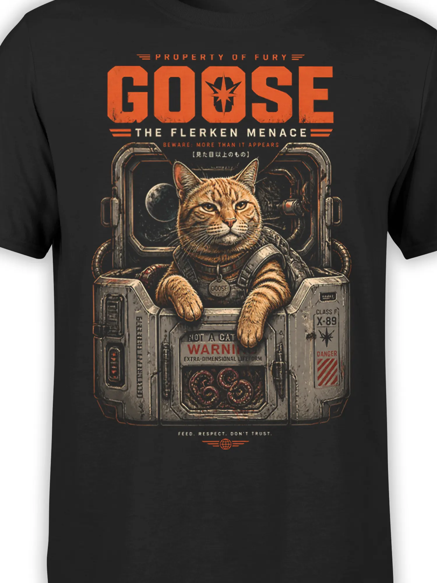 close-up of Goose the orange tabby cat inside detailed sci-fi containment pod with warning labels on black shirt
