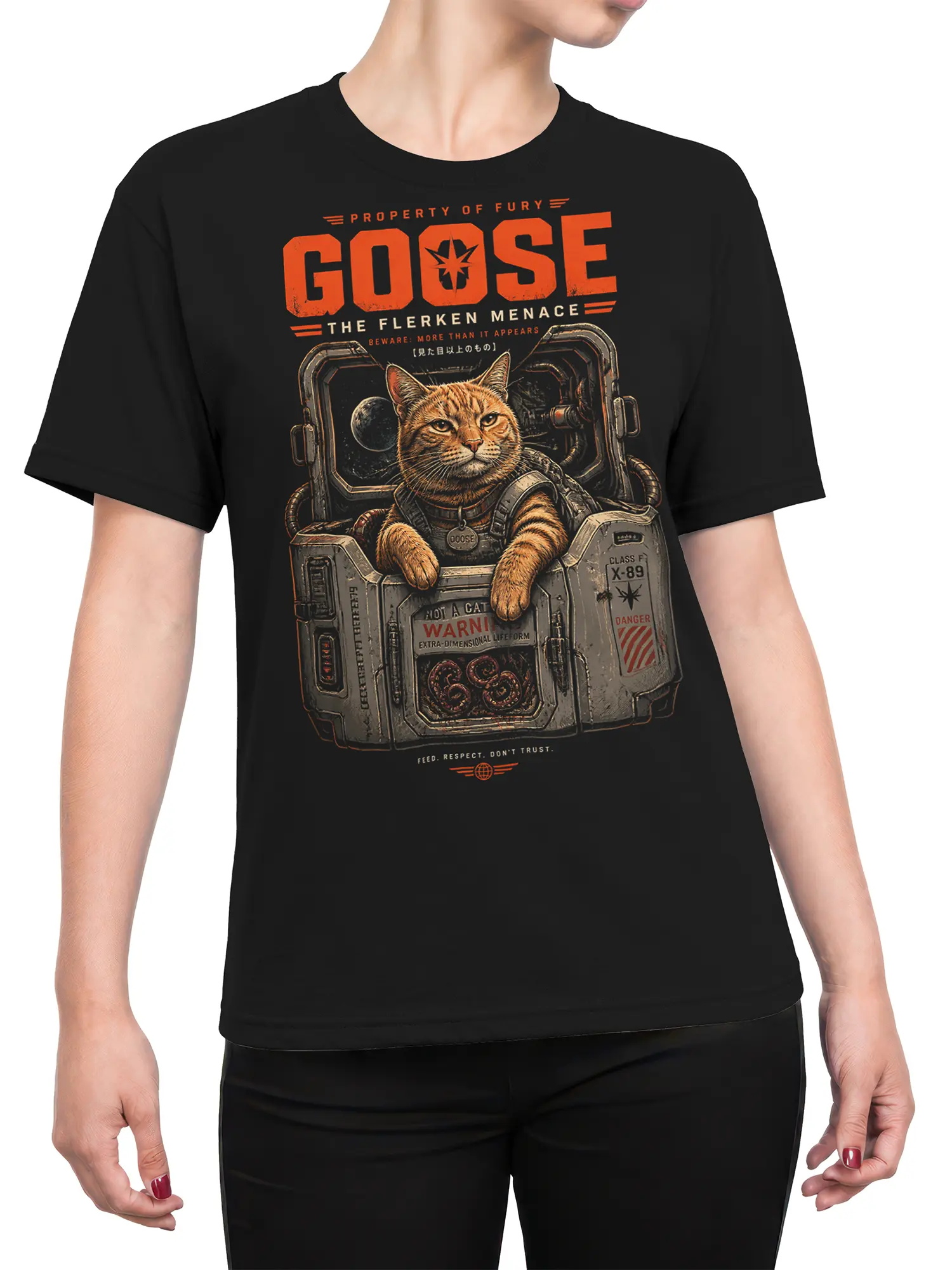 female model wearing black Goose space cat T-shirt with sci-fi containment pod and warning graphics