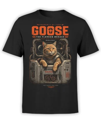 front view of black unisex T-shirt with orange tabby “Goose” space cat in a sci-fi containment pod and bold warning text