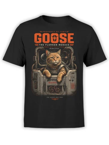 front view of black unisex T-shirt with orange tabby “Goose” space cat in a sci-fi containment pod and bold warning text