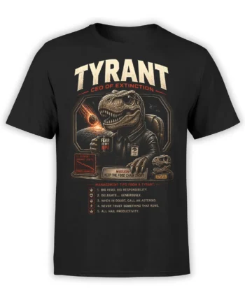 black unisex t-shirt with vintage tyrant t-rex ceo artwork, asteroid background and sarcastic management tips text