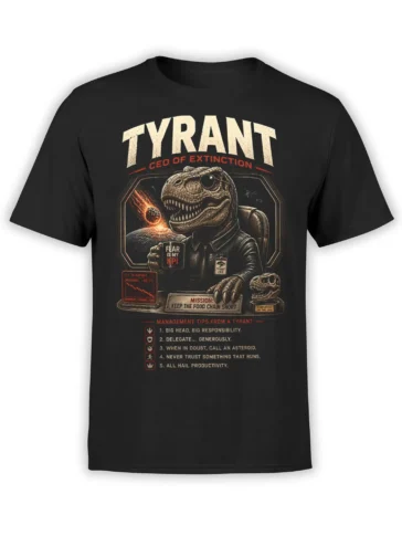 black unisex t-shirt with vintage tyrant t-rex ceo artwork, asteroid background and sarcastic management tips text