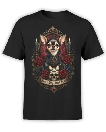 Black unisex t-shirt with a gothic chihuahua sitting on a skull, framed by roses and candles with a Small Dog Dark Soul banner