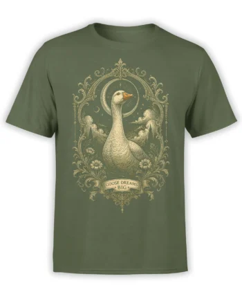 green unisex t-shirt with an ornate celestial goose design and “Goose Dreams Big” banner in vintage gold tones