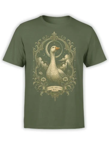 green unisex t-shirt with an ornate celestial goose design and “Goose Dreams Big” banner in vintage gold tones