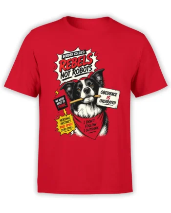 red unisex T-shirt with a comic-style border collie holding a protest sign that reads rebels not robots and other witty obedience quotes