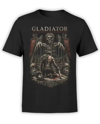 black gladiator t-shirt with detailed art of a kneeling warrior in a bloody arena under a towering skeletal emperor and Roman ruins