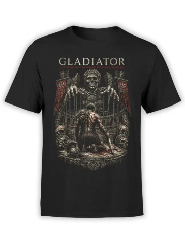 black gladiator t-shirt with detailed art of a kneeling warrior in a bloody arena under a towering skeletal emperor and Roman ruins