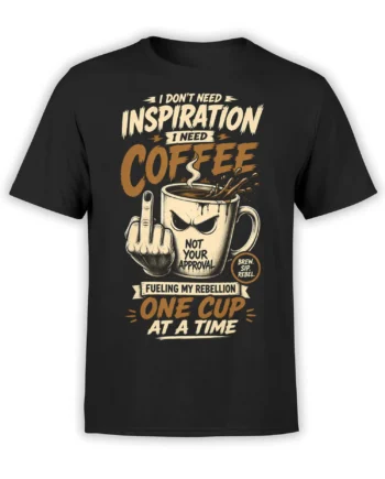 black unisex t-shirt with angry coffee mug flipping the bird and bold rebellious coffee slogan in beige and brown print