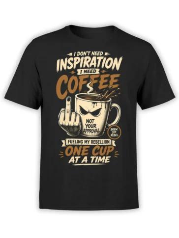 black unisex t-shirt with angry coffee mug flipping the bird and bold rebellious coffee slogan in beige and brown print
