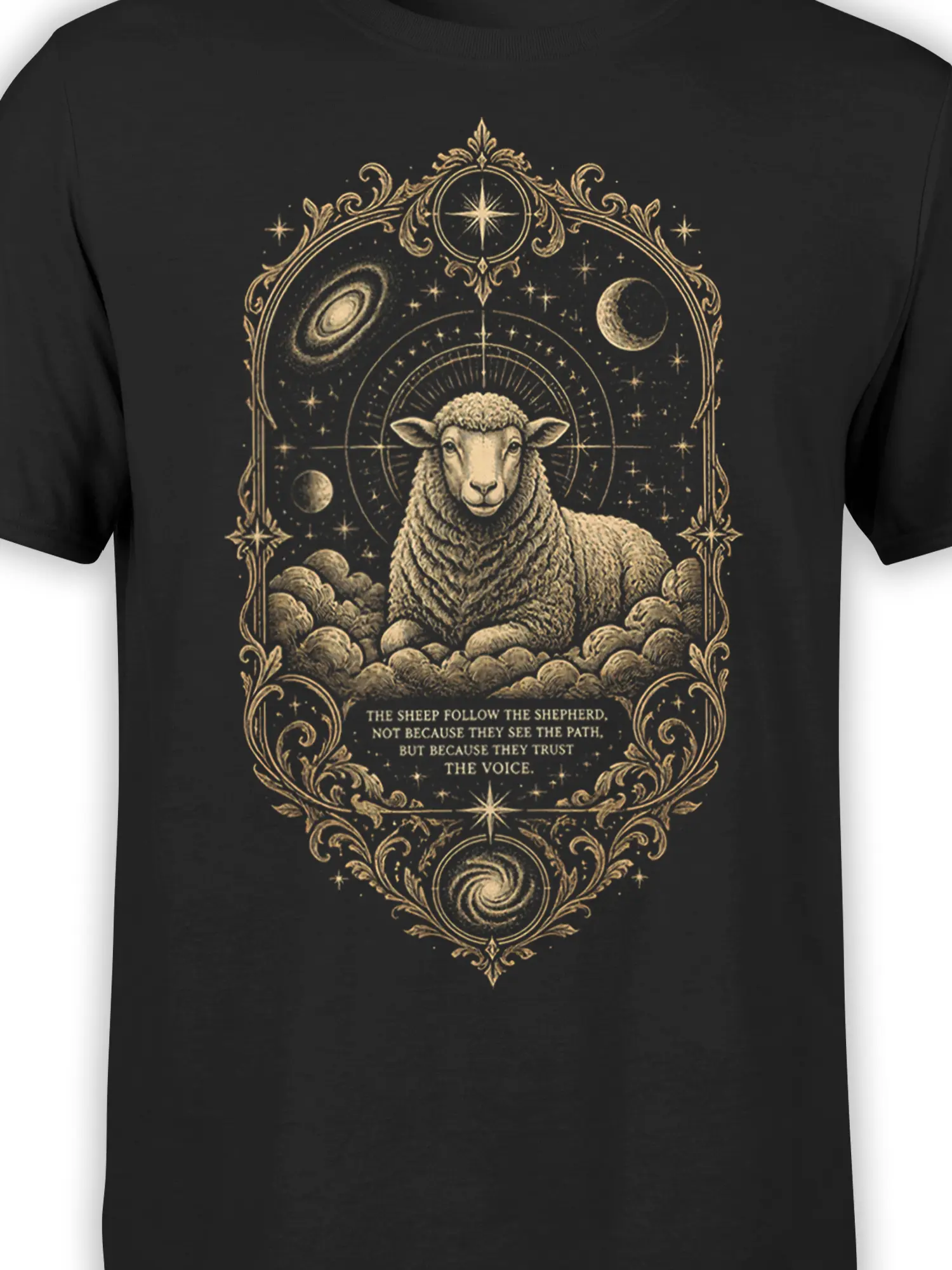 close-up of gold line-art sheep in clouds with halo, stars, galaxies, and shepherd trust quote on black fabric